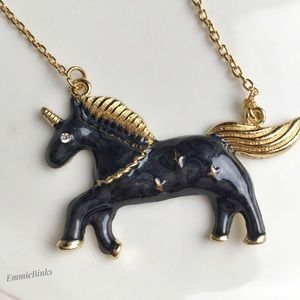 NWT Long Midnight Marble Unicorn Pendant Necklace & Tiny Stud Earrings